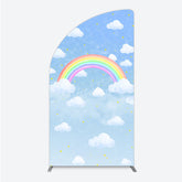 Aperturee - Aperturee Watercolor Rainbow in the Sky Half Moon Arch Backdrop Pastel Clouds and Stars Baby Shower or Birthday Photo Booth